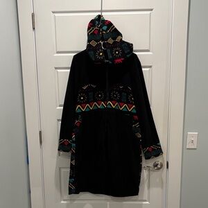 Black Patterned Hooded Coat with Colorful Tribal Trim